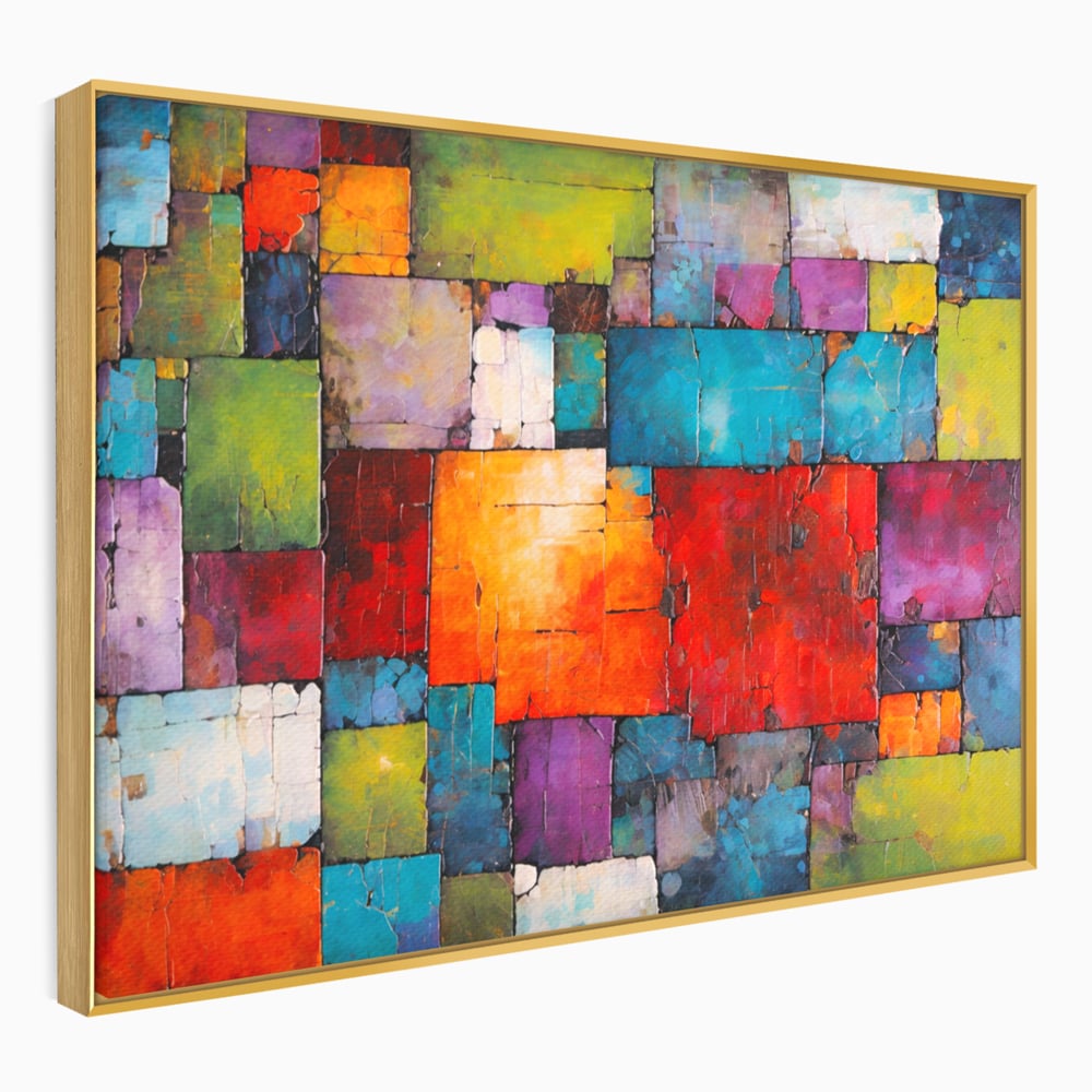 Tablou canvas cu tablou canvas cu mozaic geometric colorat, in rama de aluminiu auriu